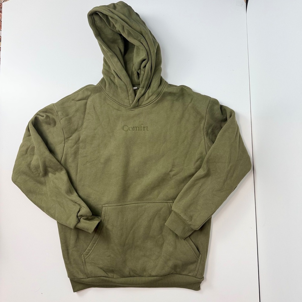 Comfrt Mens Relaxed Fleece Hoodie Olive Green Embroidered Logo Size M